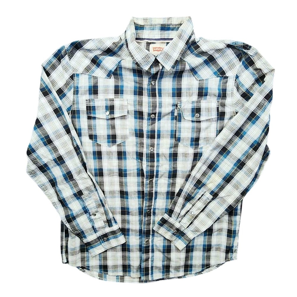LEVIS Mens‎ Plaid Snap Front Western Shirt XL Blue White Black Yellow
